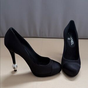 CHANEL Satin Black Heels with Pearl Accents
